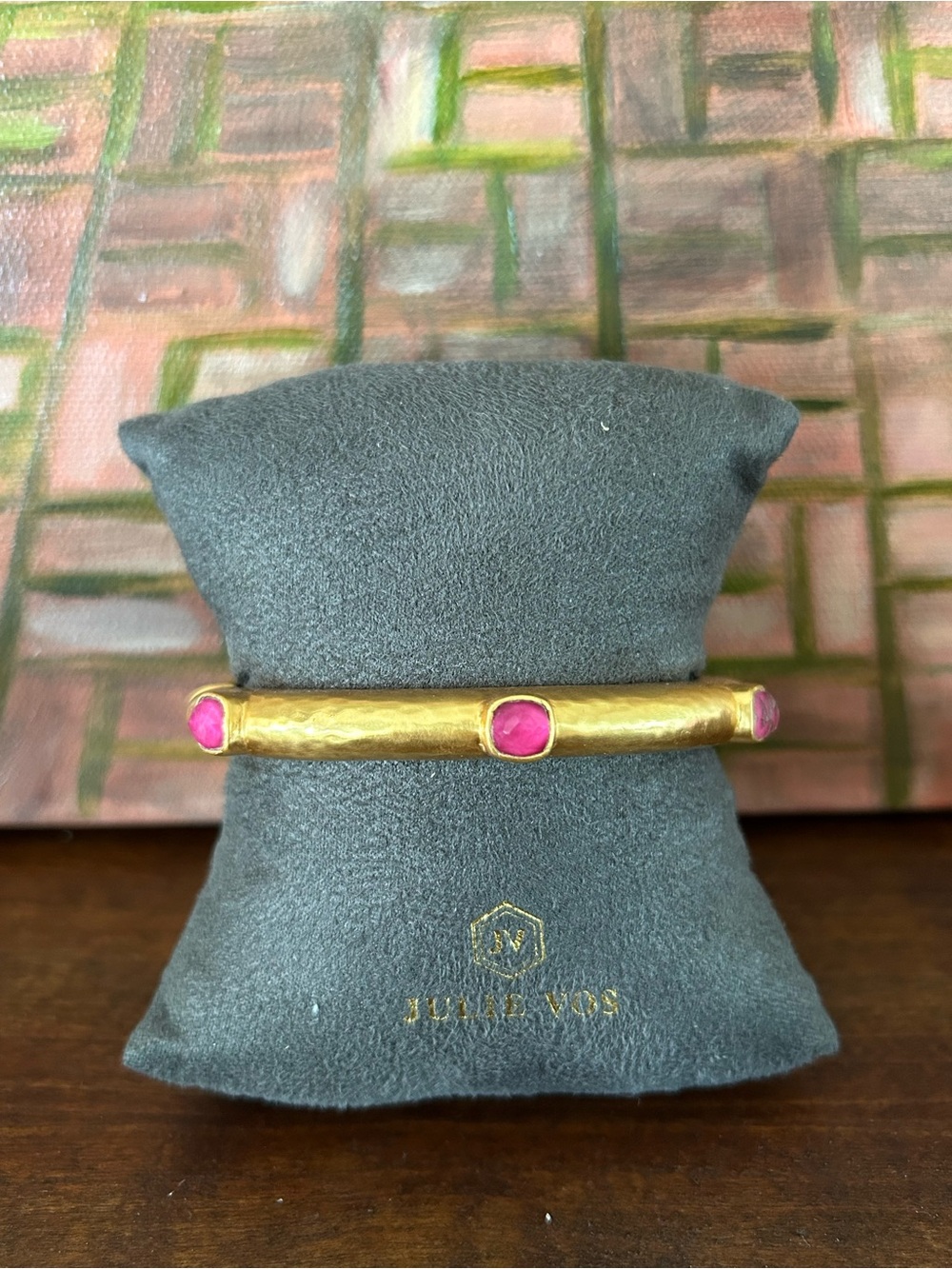 Julie Vos Gold Tone Catalina Hinge Bangle Iridescent Raspberry Stones